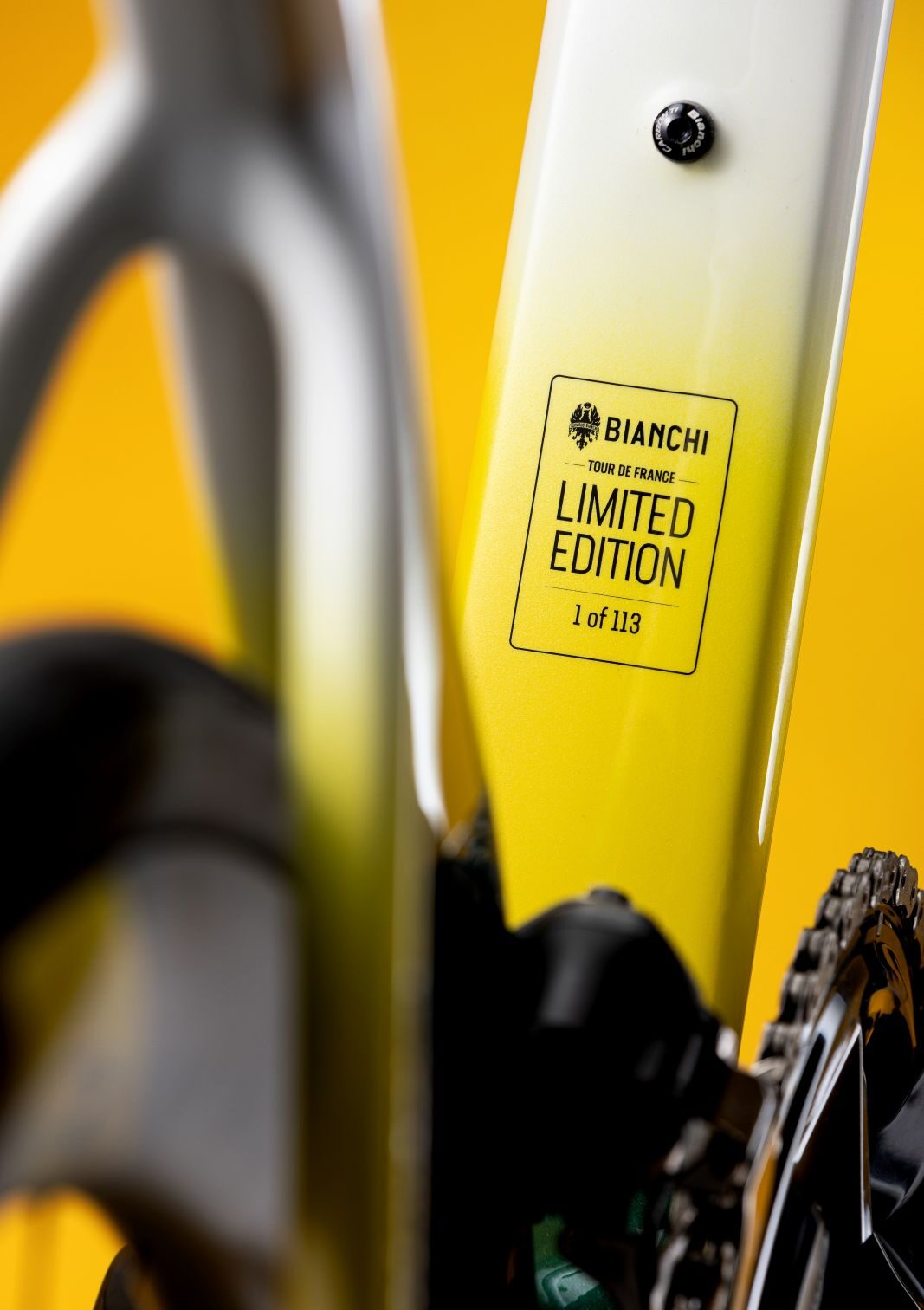 Bianchi Specialissima RC Tour de France Limited Edition frame detail showing numbered limited-edition styling